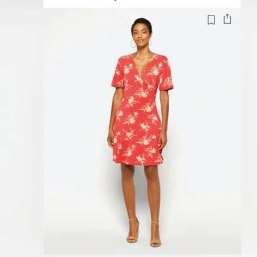 41 Hawthorn Coral Floral Wrap V Neck Short Sleeve Surplice‎ Dress Size M
